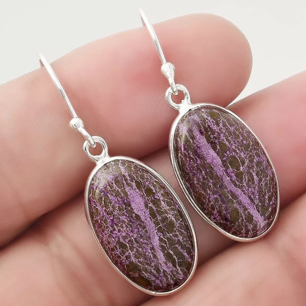 Natural purpurite sterling silver earrings - Picture 3 of 8